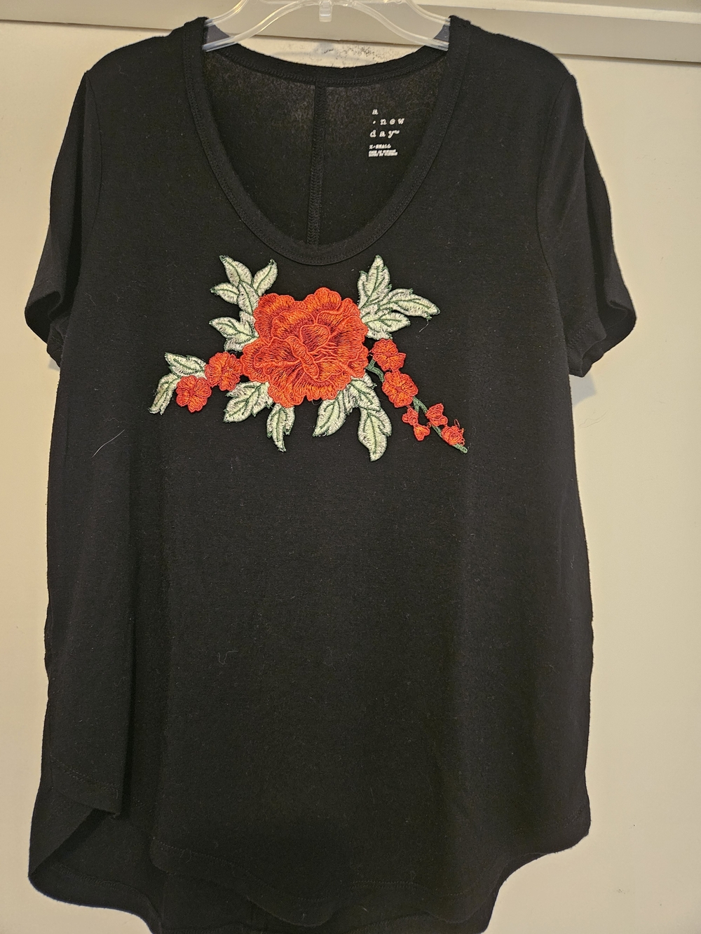 A New Day Black Tee with Red Floral Embroidery